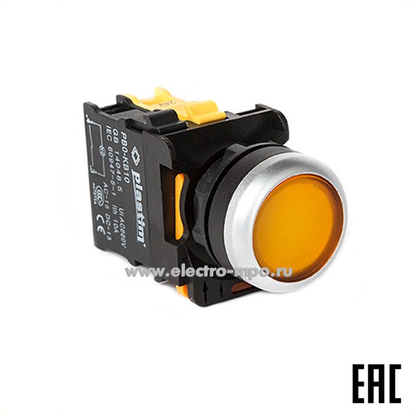 А5125. Выключатель кнопочный PB0-AW35M5 желтый 1з без фиксации, с подсветкой 220В AC IP65 (Plastim)