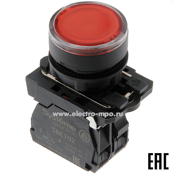 А5353. Выключатель кнопочный SB5AW34B2 красный 1р без фиксации c подсветкой 24В DC (Systeme Electric)