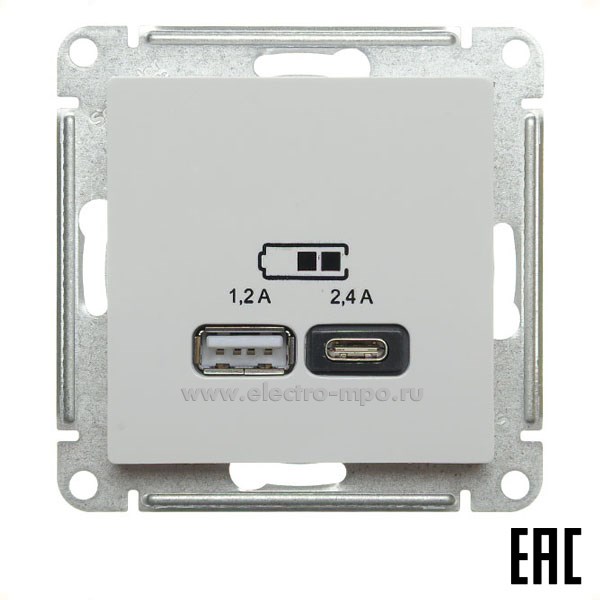 Ю4048. Механизм AtlasDesign ATN000139 зарядного устройства 2хUSB тип А,С 5В 2.4А с/п белый (Systeme)
